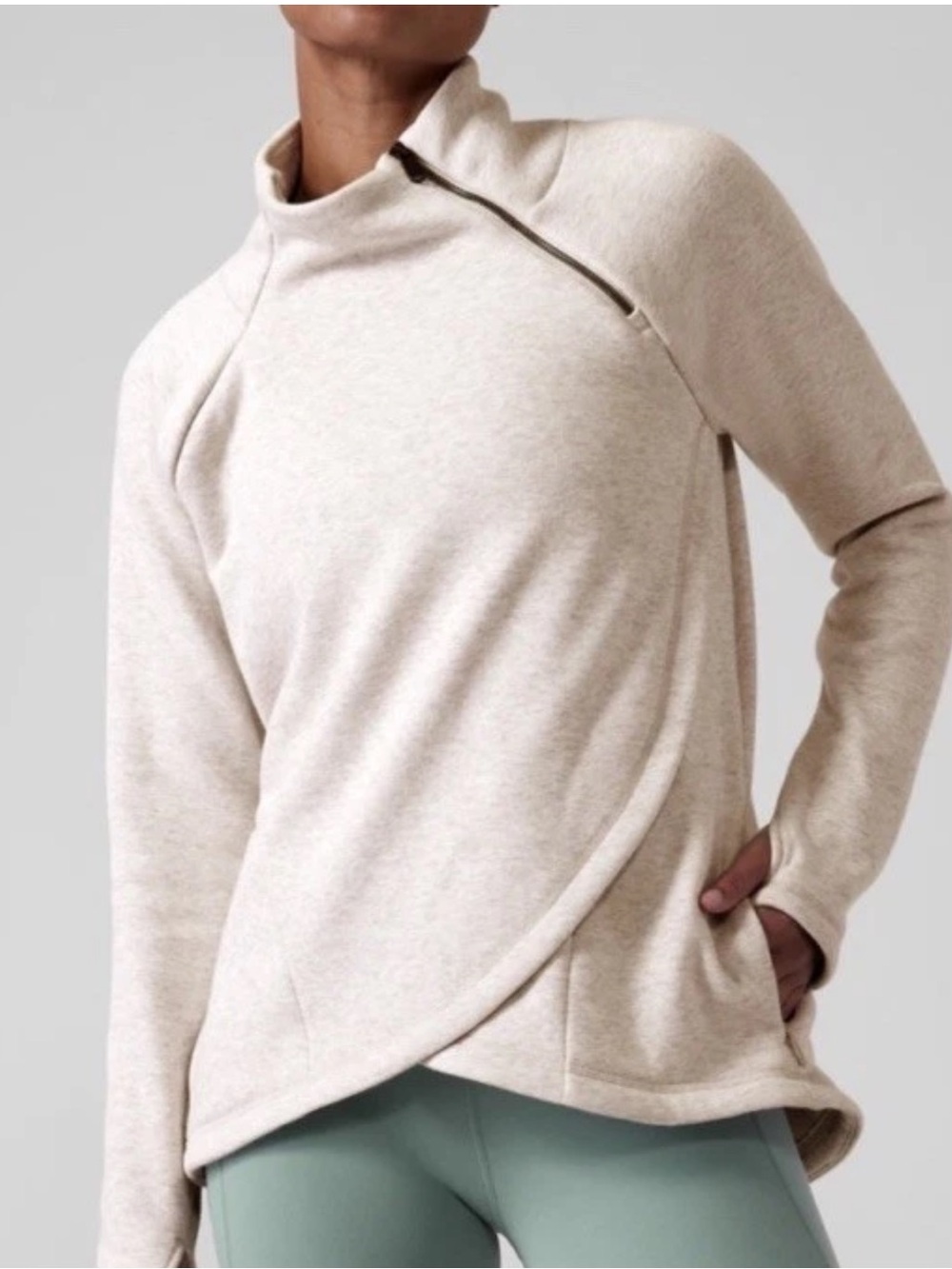 Athleta Cozy Karma Asym Pullover Light Oatmeal Heather Size Small